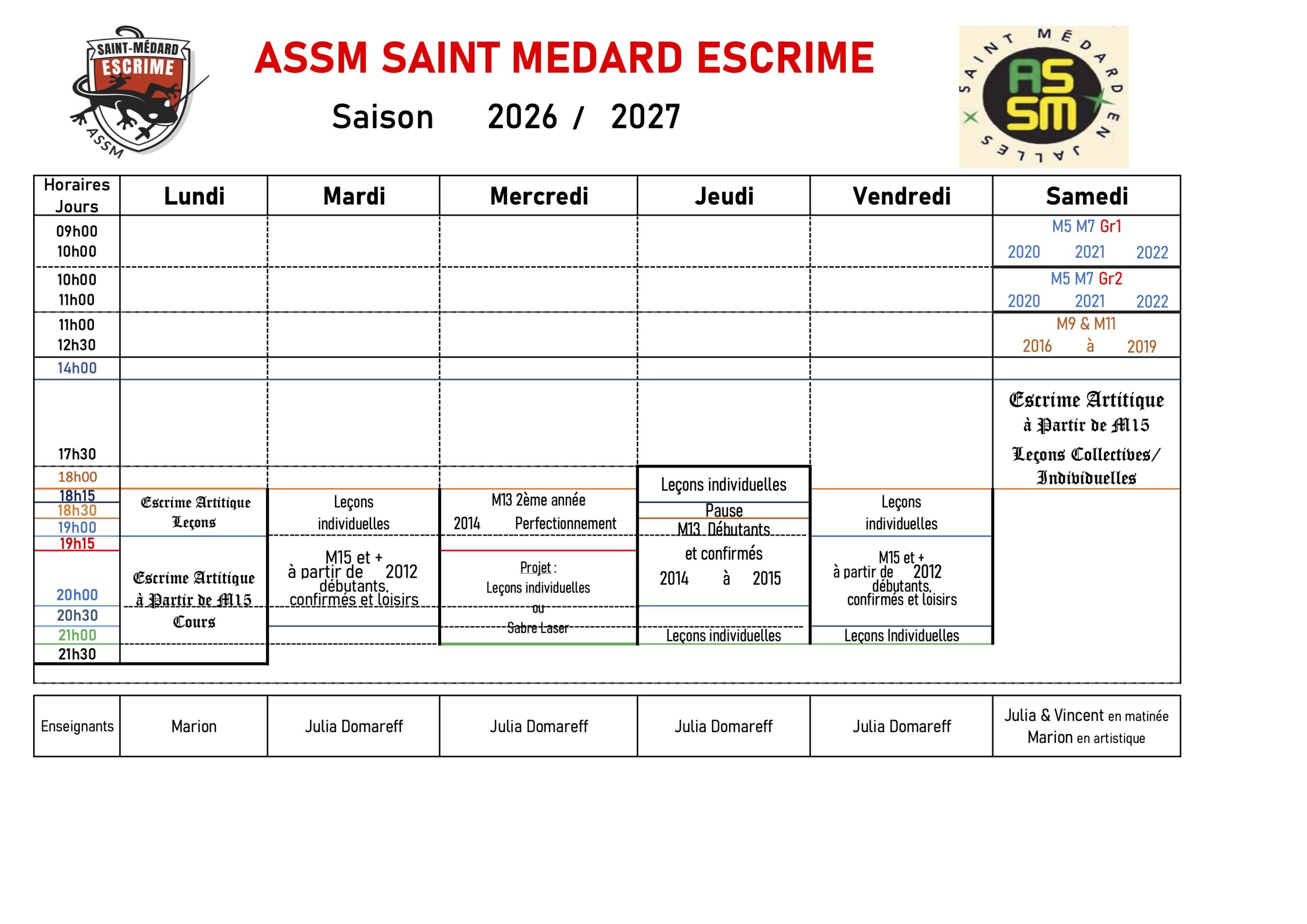 Horaires des Cours - Saison 2024-2025