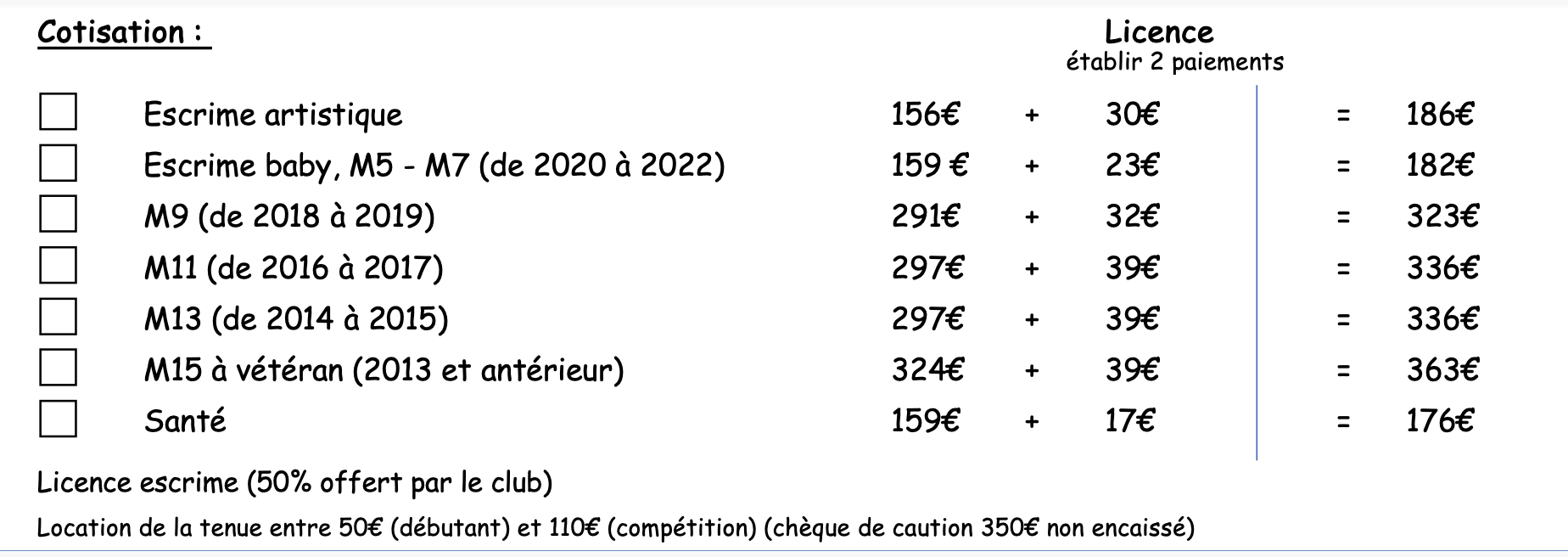 Horaires des Cours - Saison 2024-2025